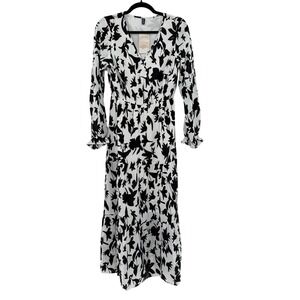 Fashion Floral Maxi Dress Modern Women Size Small Black White Tiered Long Sleeve